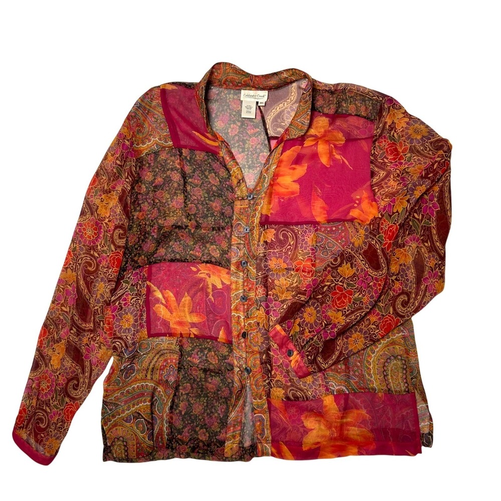 Coldwater Creek Silk Patchwork Floral Paisley Long Sleeve Sheer Blouse Women XL - Picture 2 of 13